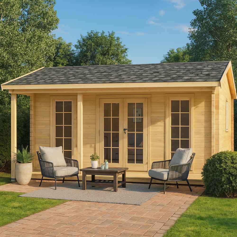 A GardenHouse24 USA Lilja 70 Garden Room large glass double doors and windows, featuring two cushioned armchairs and a coffee table on a brick patio