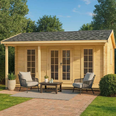 A GardenHouse24 USA Lilja 70 Garden Room large glass double doors and windows, featuring two cushioned armchairs and a coffee table on a brick patio