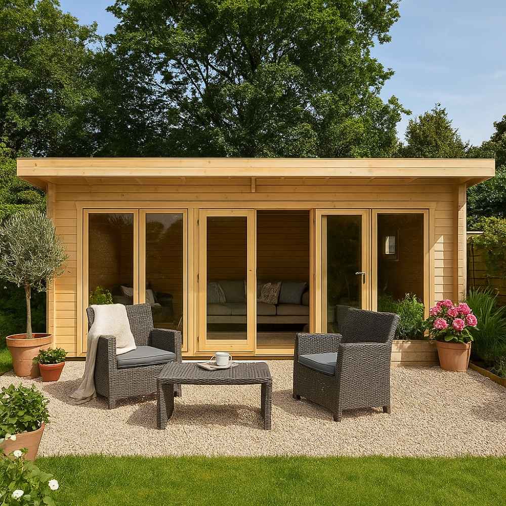 A GardenHouse24 USA Taunus 70 Garden Room with large glass doors and a small gravel patio setup with outdoor chairs and plants