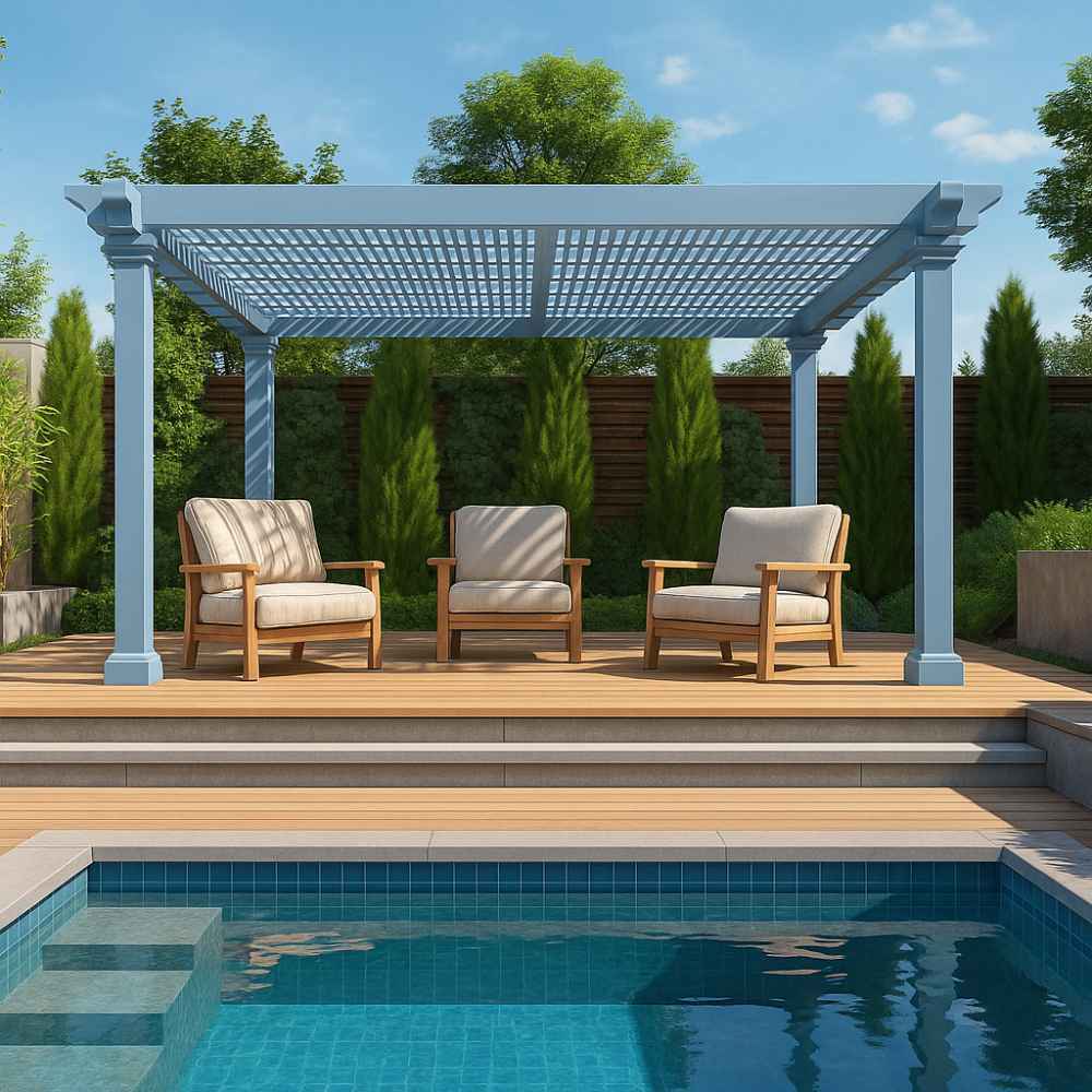 A Structureworks Reverie Fiberglass Pergola in a light blue color shades three cushioned chairs on a wooden poolside deck