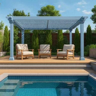 A Structureworks Reverie Fiberglass Pergola in a light blue color shades three cushioned chairs on a wooden poolside deck