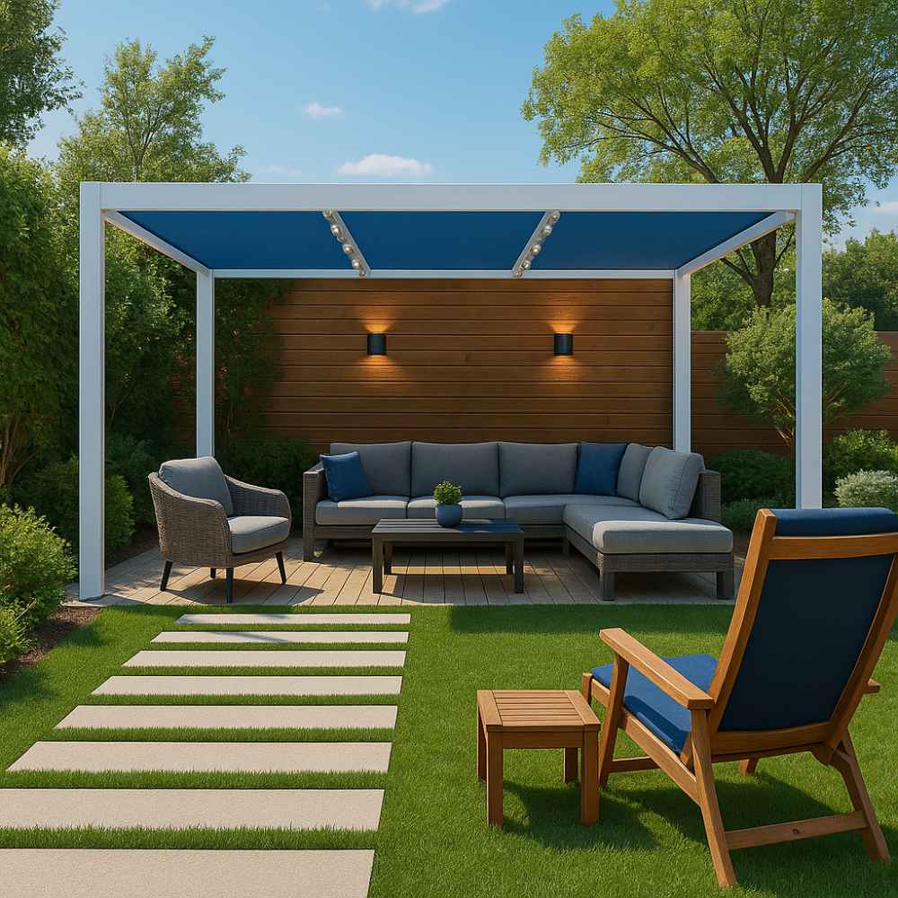 A cozy backyard lounge features a white-framed Structureworks Breeze Aluminum Pergola with blue canopy panels and modern seating under it