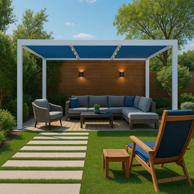 A cozy backyard lounge features a white-framed Structureworks Breeze Aluminum Pergola with blue canopy panels and modern seating under it
