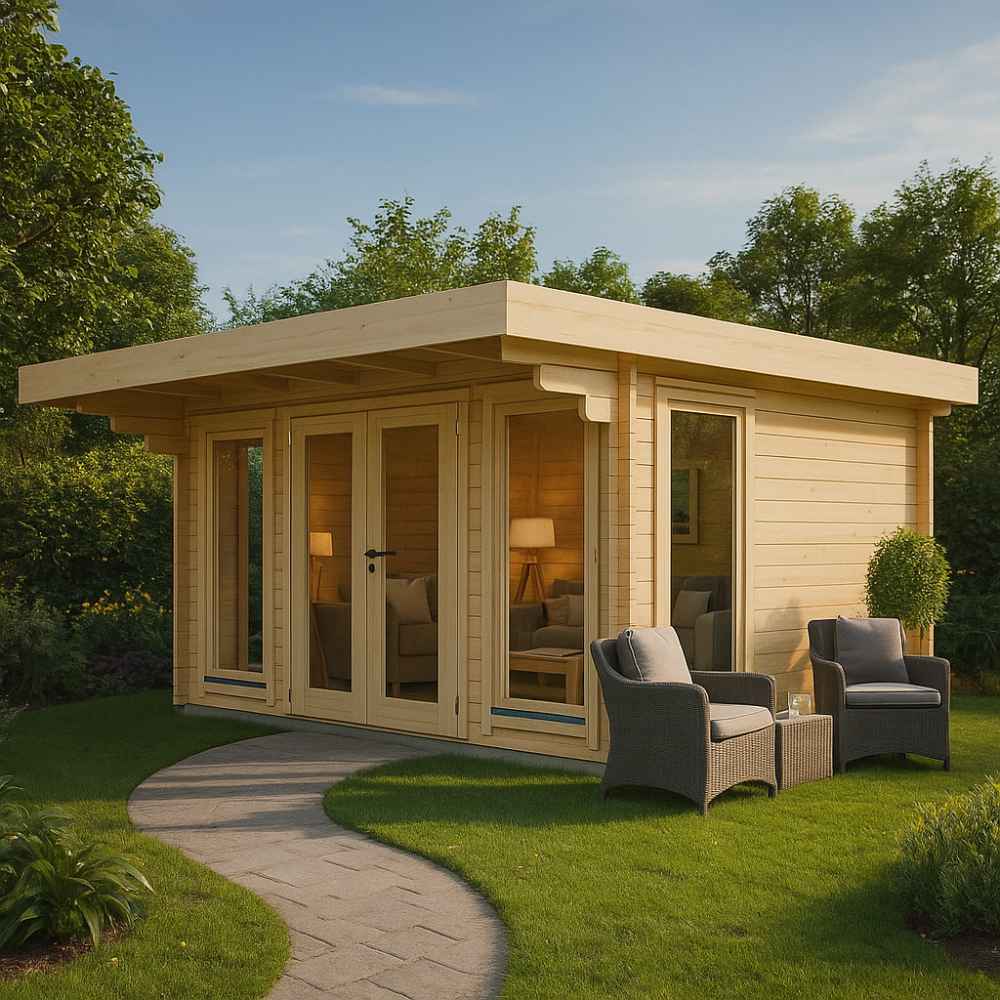 A cozy wooden GardenHouse24 USA Barbara 44A Garden Room with double glass doors and warm lighting inside, set on a curved path with two cushioned outdoor chairs