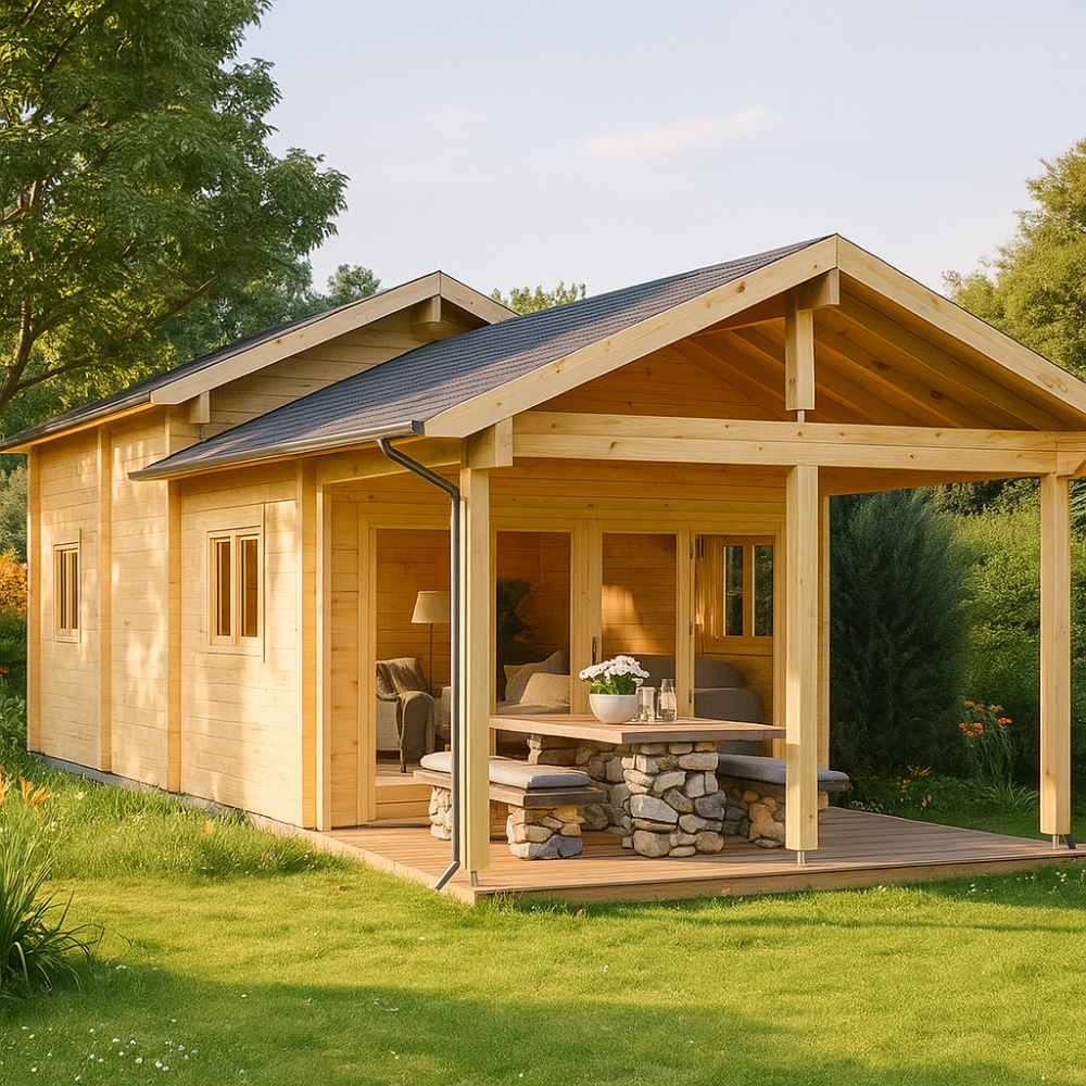A cozy wooden GardenHouse24 USA Lake House 70A Garden Room with a covered outdoor dining area is bathed in warm sunlight