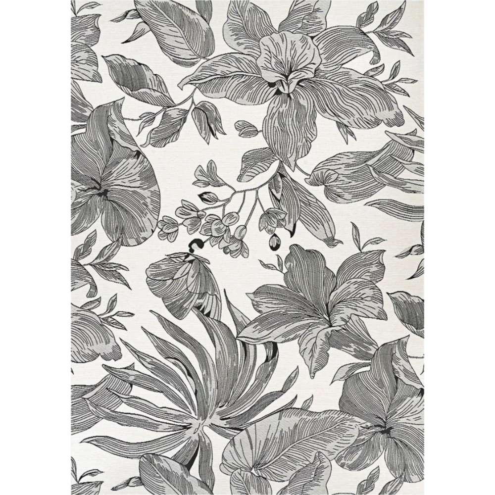 A full view of Couristan Dolce Indoor/Outdoor Rug - Flora/Snow shows its elaborate floral pattern stretching across the entire rectangular rug