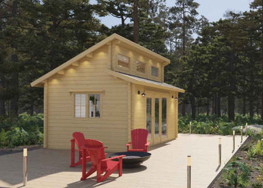 A light wood cabin with a sloped roof, glass double doors, and red chairs on a deck is the Sawmill Structures The Versa 160 Atrium 70MM Garden Room nestled in a forest