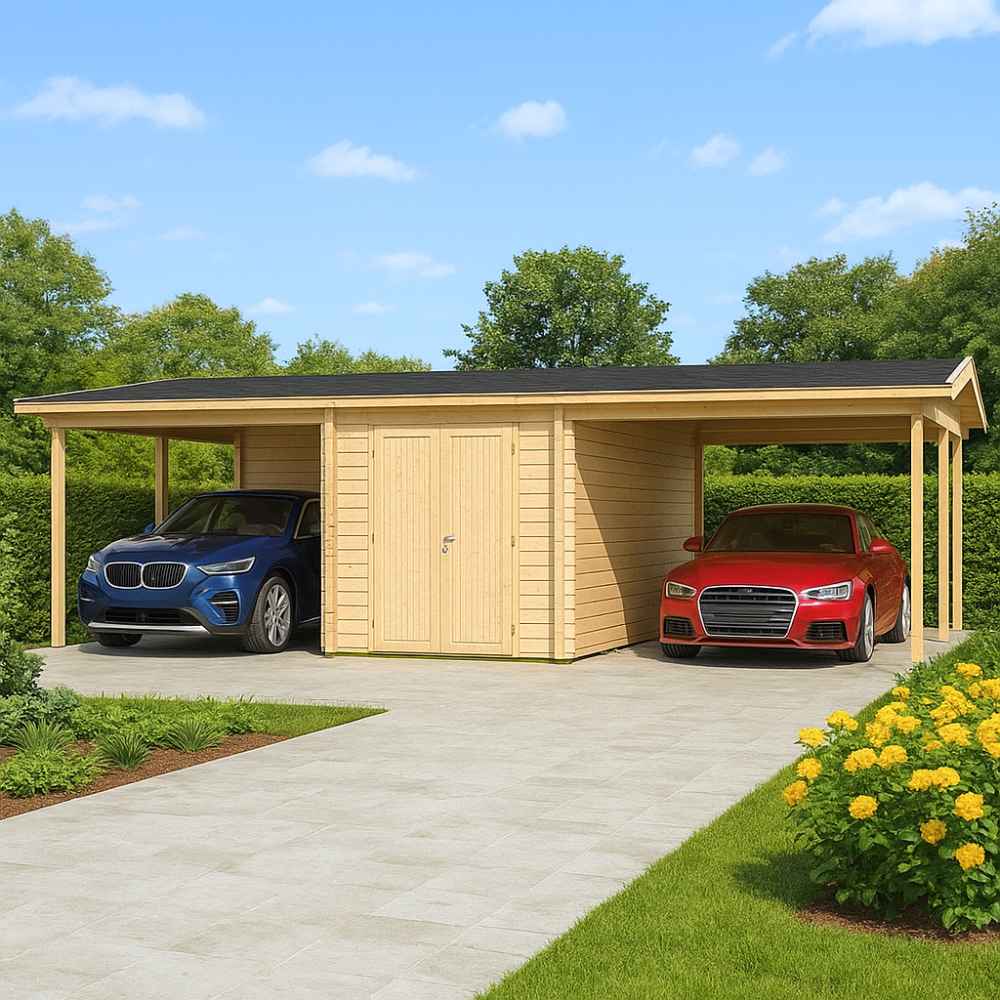 A light wooden GardenHouse24 USA Carport Hans 70 Garden Room with a flat roof, two parking bays, and a center garden room is shown with two luxury cars parked beneath