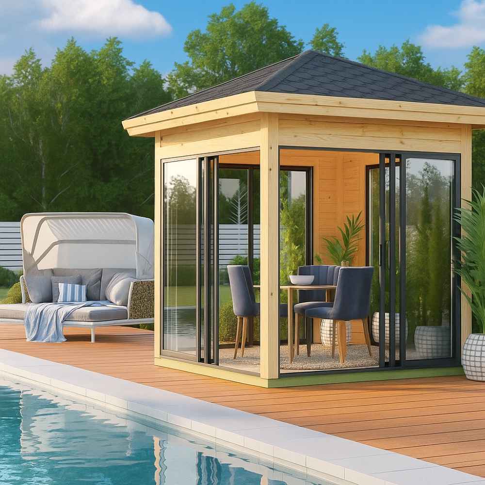 A modern wooden-framed glass GardenHouse24 USA Glaspavillon ALU 44D ISO Garden Room stands beside a pool with elegant furniture inside