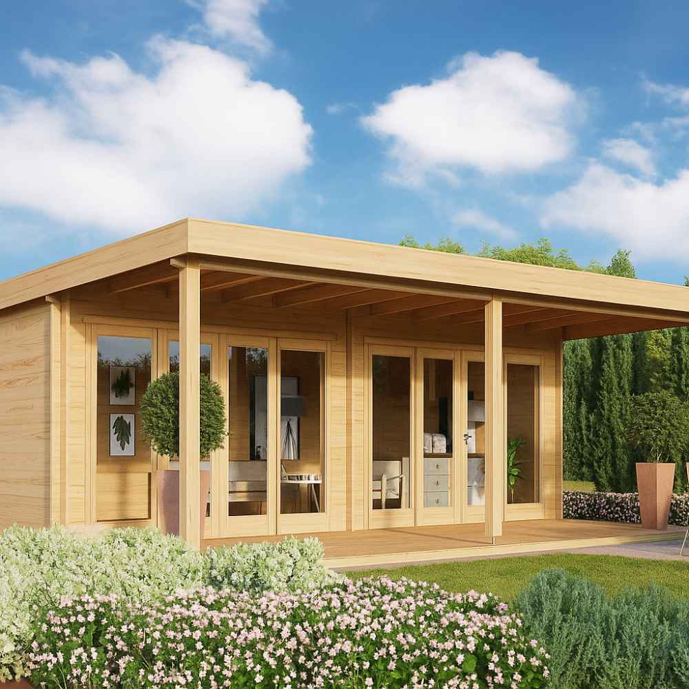 A modern wooden GardenHouse24 USA Kevin 44 VD Garden Room with full-length glass doors stands in a lush garden