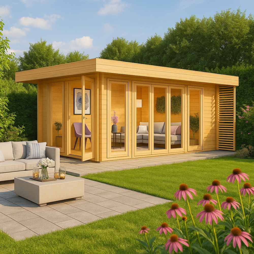 A modern wooden building with large glass panels sits in a lush backyard surrounded by greenery and flowers—this is the GardenHouse24 USA Lisa 70B Garden Room
