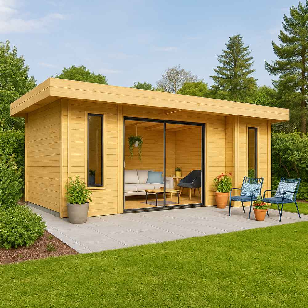 A sleek and compact GardenHouse24 USA ALU Concept 70Q Garden Room sits on a tiled patio with minimalist outdoor furniture and lush garden surroundings