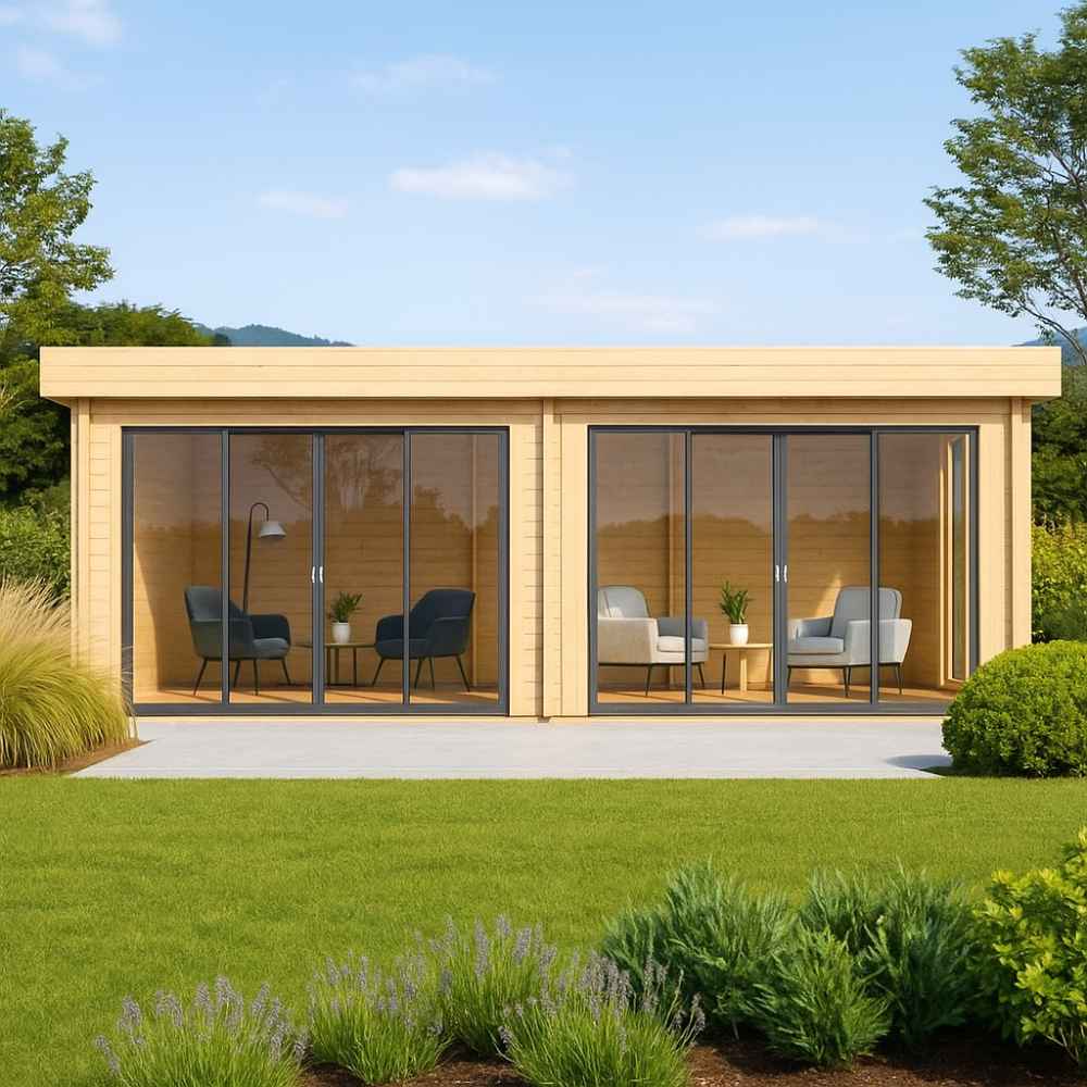 A sleek, modern GardenHouse24 USA ALU Concept Lounge 70B Garden Room with two large sections enclosed by full glass sliding doors and minimalistic seating inside