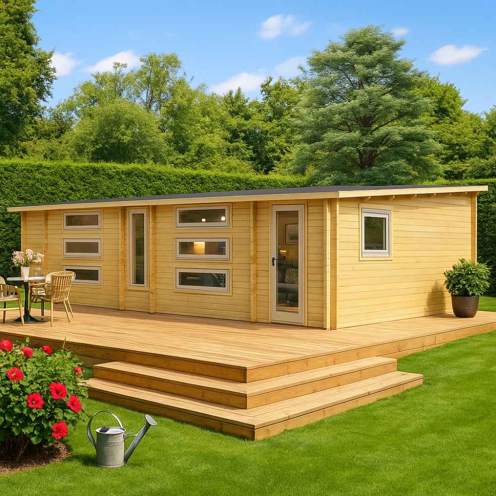 A sleek, modern light wood cabin with staggered horizontal windows and a small deck is the GardenHouse24 USA Dundee 90A Garden Room
