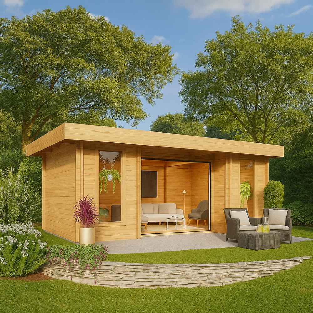 A sleek wooden GardenHouse24 USA ALU Concept 44Q Garden Room with floor-to-ceiling windows, minimalist furniture inside, and a cozy outdoor seating area on a stone-edged lawn