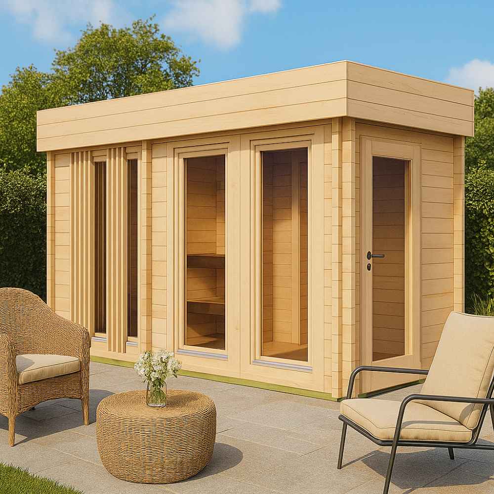 A sunny garden scene with wicker furniture beside the GardenHouse24 USA Sauna Giusto 70 Garden Room