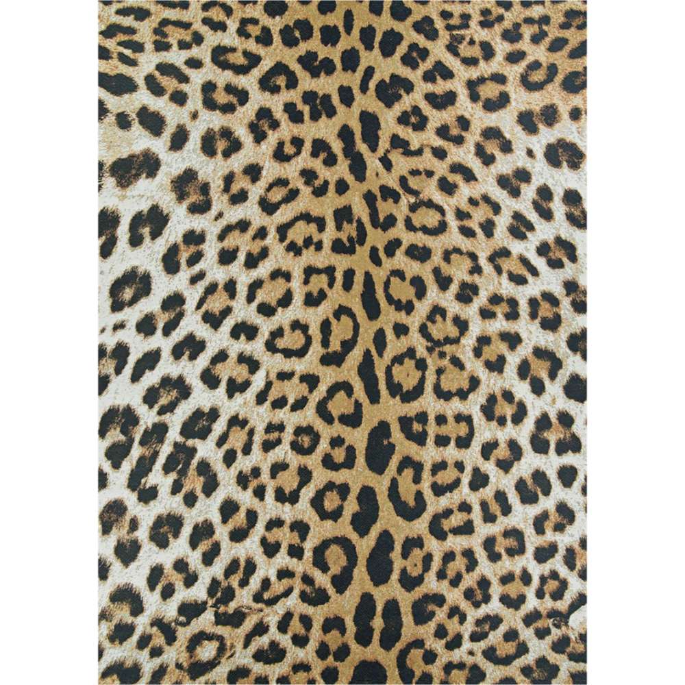 A top-down view of the Couristan Dolce Indoor/Outdoor Rug - Amur Leopard/New Gold reveals a symmetrical and realistic leopard pattern