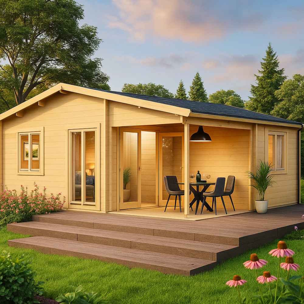 A wooden GardenHouse24 USA Skanderborg 90 Garden Room with a shaded patio and outdoor dining set is shown surrounded by lush greenery