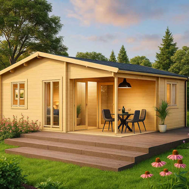 A wooden GardenHouse24 USA Skanderborg 90 Garden Room with a shaded patio and outdoor dining set is shown surrounded by lush greenery