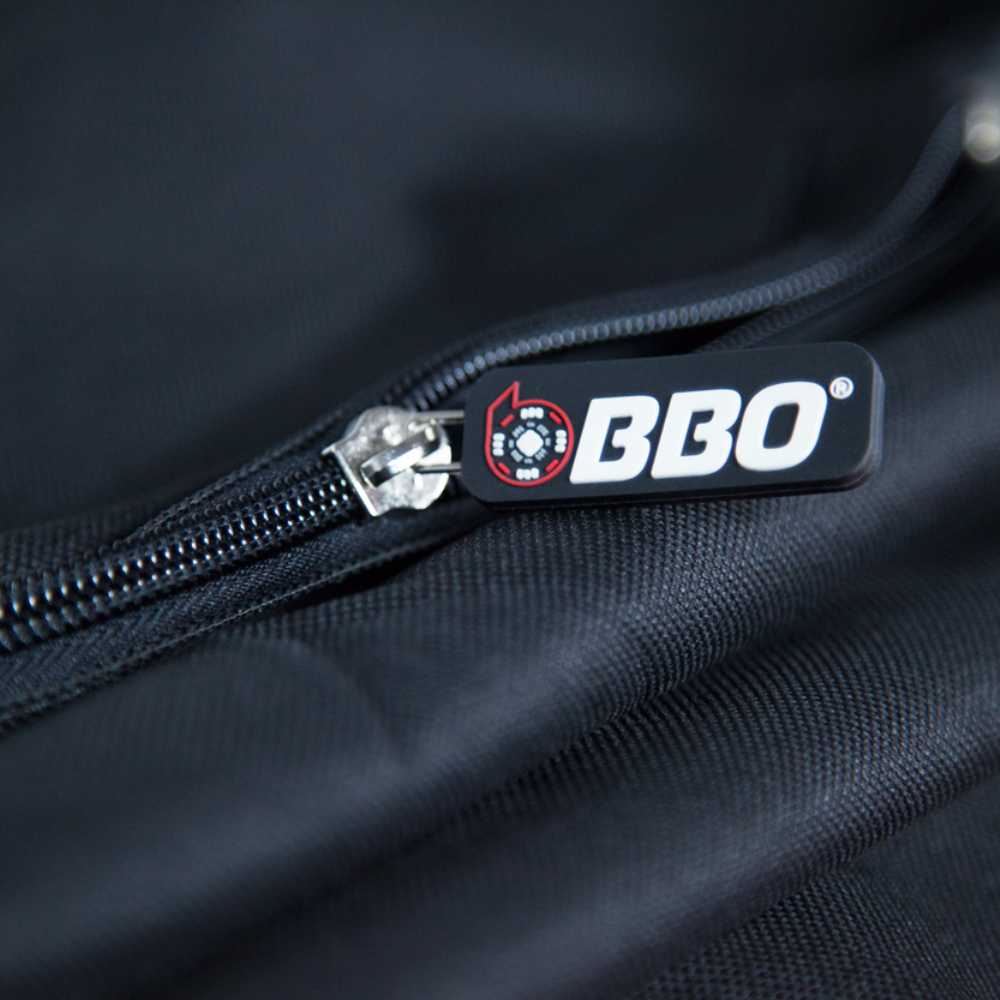 A close-up of the BBO Poker Tables Heavy Duty Poker Table Travel Bag zipper reveals the BBO logo tag