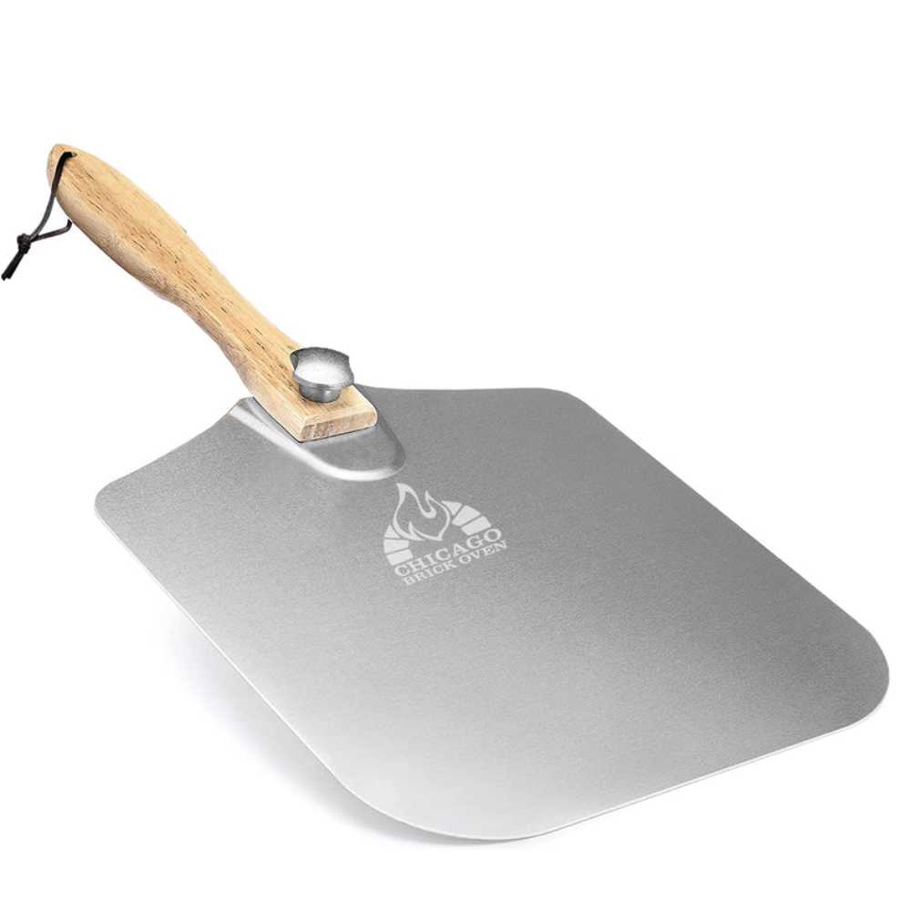 A close-up of the Chicago Brick Oven 12 x 14 Aluminum Pizza Peel with Foldable Wooden Handle with high-quality design with a wooden handle and aluminum peel.