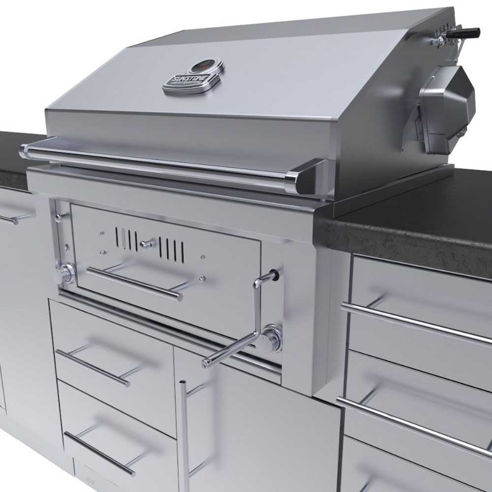 A close-up of the Sunstone Alamo 9ft Outdoor Hybrid Gas Charcoal Grill & Cabinet Island Package shows sleek stainless-steel craftsmanship and control handles