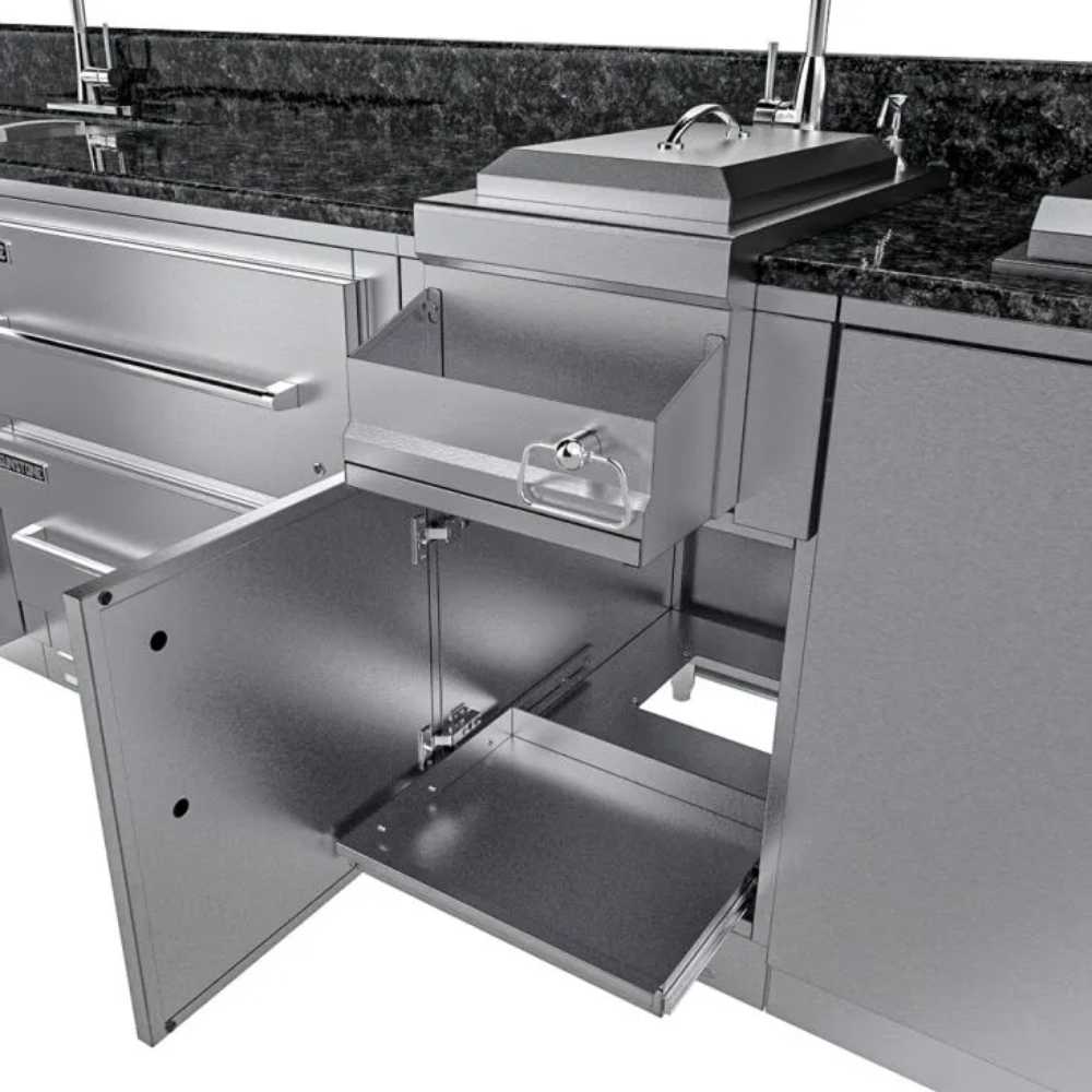 A close-up of the Sunstone Galley 10ft 8in Clean & Prep Cabinet Island Package displays the open trash drawer unit beneath the sink and prep station