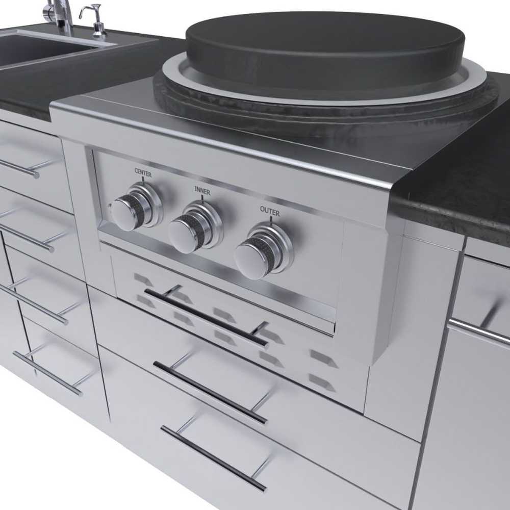 A close-up shot focuses on the grill control knobs labeled center, inner, and outer, featured in the Sunstone Mongo 8ft Outdoor Grill & Cabinet Island Package