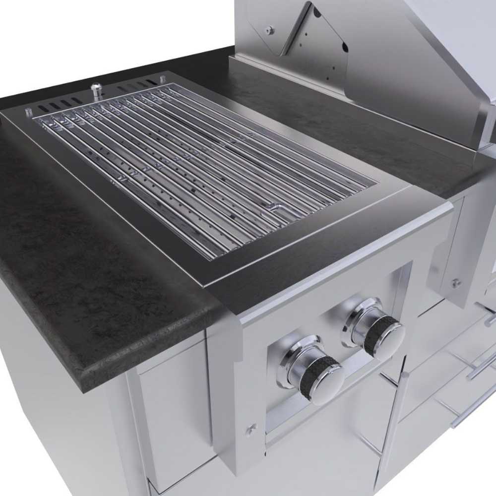 A close-up view of the searing grill section shows the premium stainless-steel grates of the Sunstone Austin 9ft Outdoor Grill & Cabinet Island Package