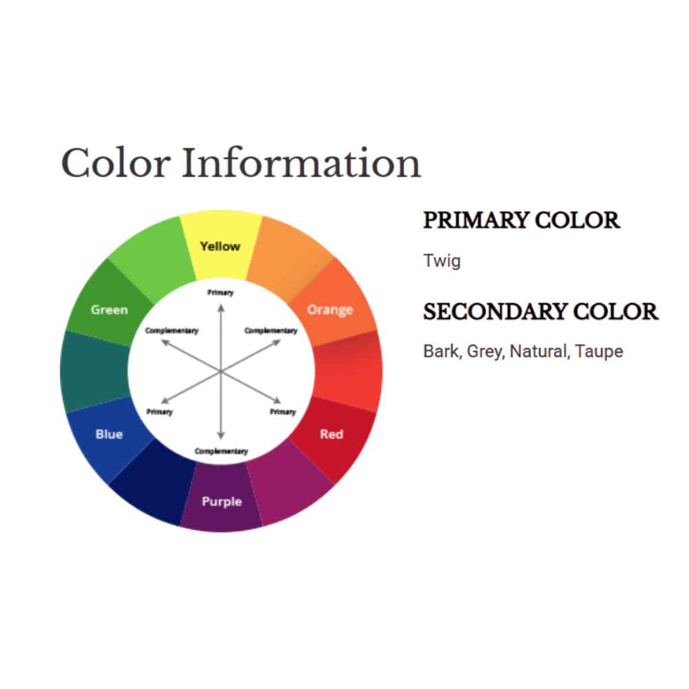 A color wheel graphic identifies the primary color as Twig and secondary tones as Bark, Grey, Natural, and Taupe for the Couristan Charm Indoor/Outdoor Rug - Thicket/Twig