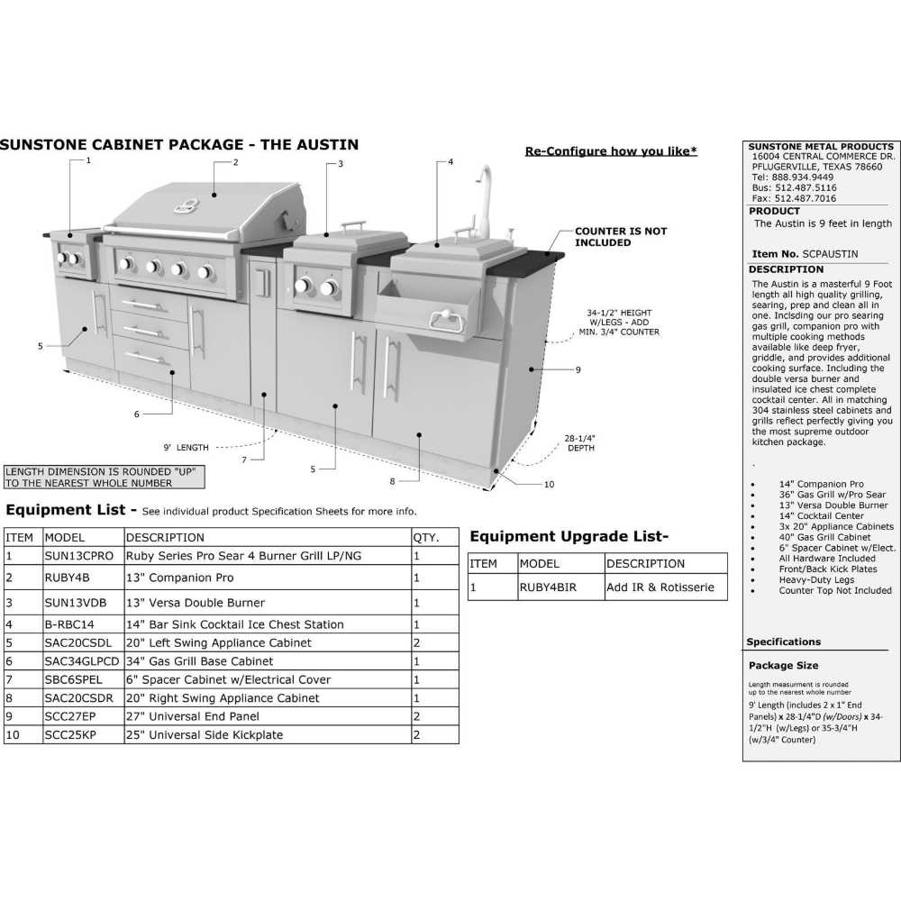 A diagram with labeled components outlines the features and dimensions of the Sunstone Austin 9ft Outdoor Grill & Cabinet Island Package, including grill, drawers, sink, and burners