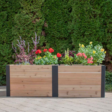 A front-facing view of the Outdoor Living Today 6×3 Urban Raised Garden Bed displays bright blooming flowers set against a hedge