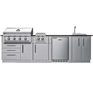 A front-facing view shows the full setup of the Sunstone Houston 9ft 8in Outdoor GrillBar Sink & Fridge Island Package, featuring a grill, side burner, fridge, sink, and storage cabinets