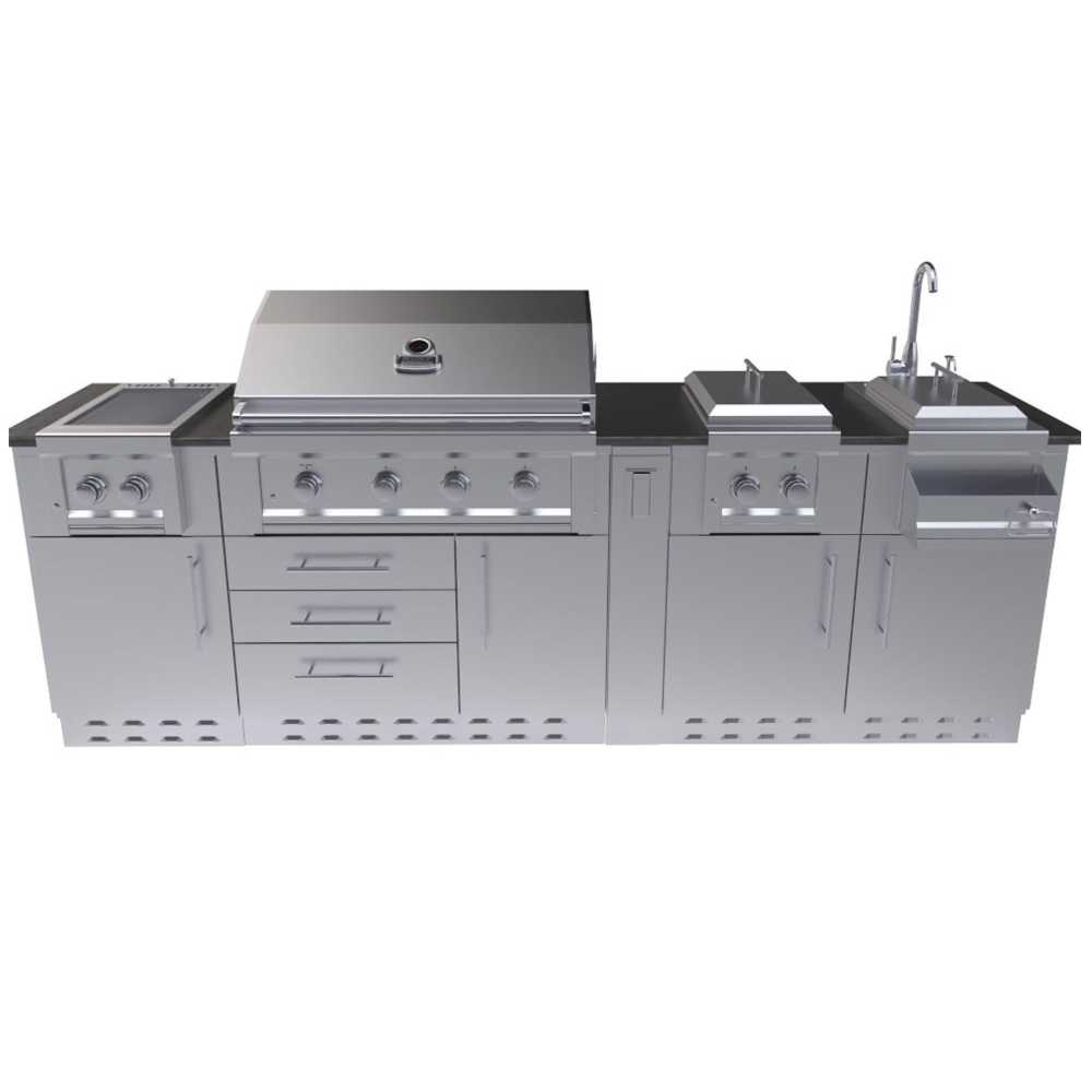 A front-on view highlights the symmetrical layout and modern design of the Sunstone Austin 9ft Outdoor Grill & Cabinet Island Package