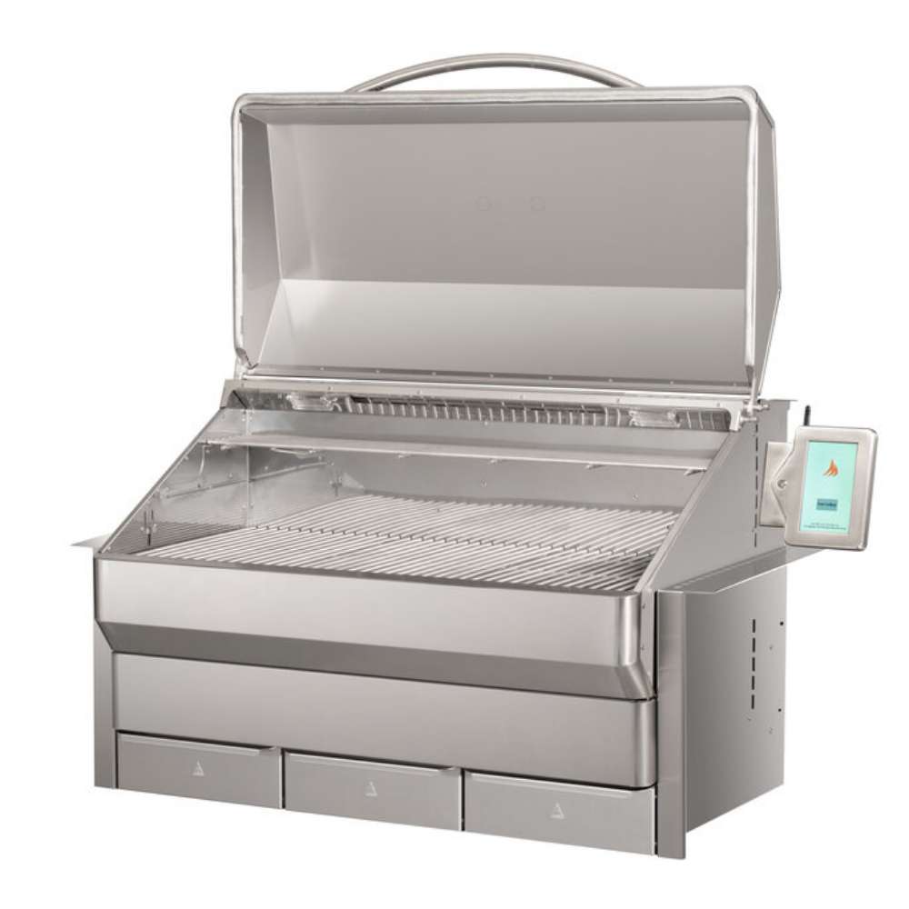 A front view of the Memphis Grills Elite Built-In ITC3 showcases its sturdy stainless steel exterior with the lid closed