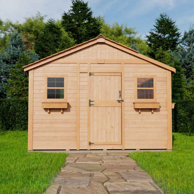 A front view shows the Outdoor Living Today 12×12 Sunshed Garden Shed with two square windows, flower boxes, and a central wooden door on a stone walkway