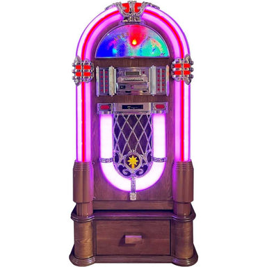 A full front view of Arkrocket Taurus II Jukebox with Stand - Dark Oak 2024 New Upgrade shows its vibrant neon lights and vintage-inspired design with a bottom drawer for storage