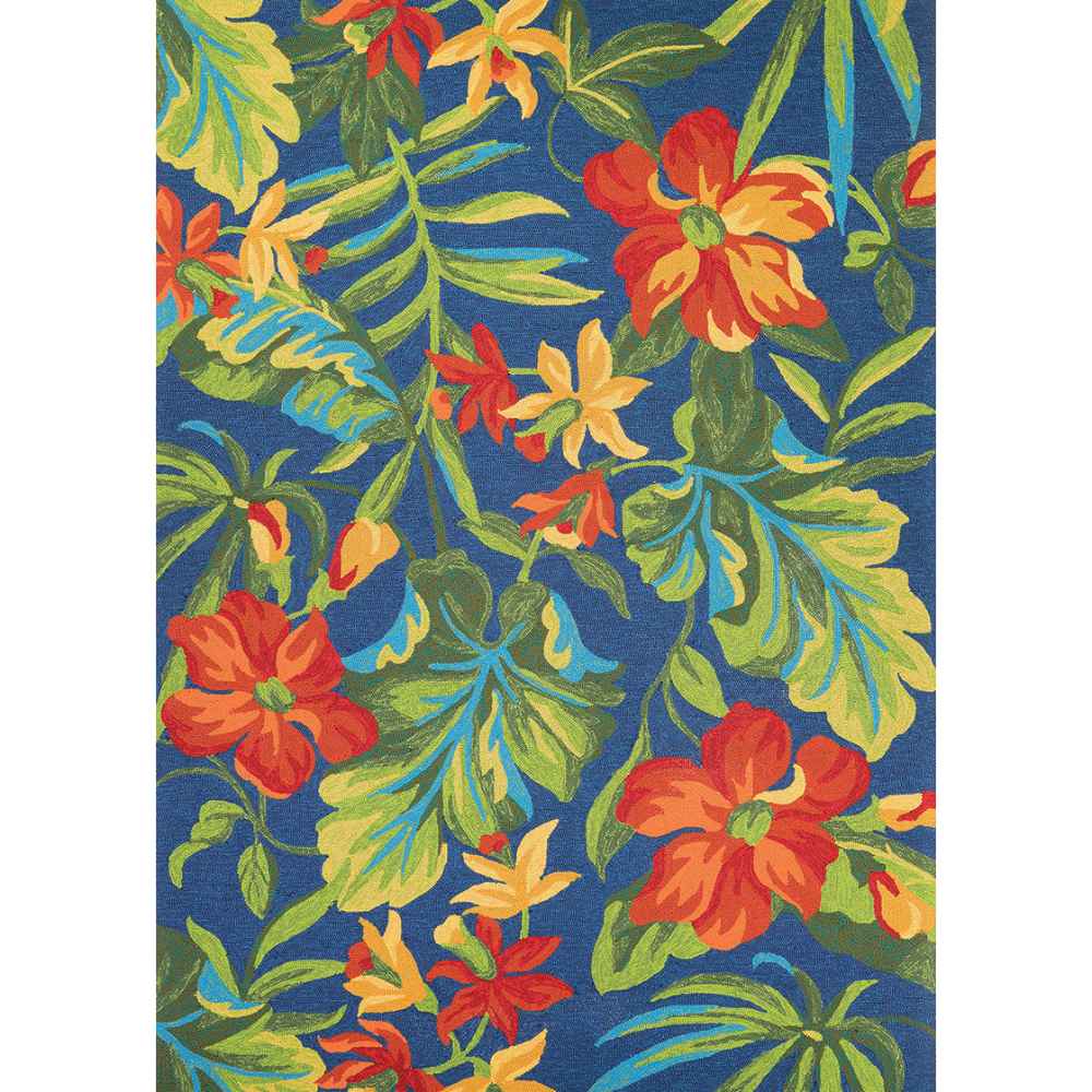 A full overhead view of the Couristan Covington Indoor/Outdoor Rug - Tropical Orchid/Azure-Forest Green-Red shows its colorful, layered floral pattern