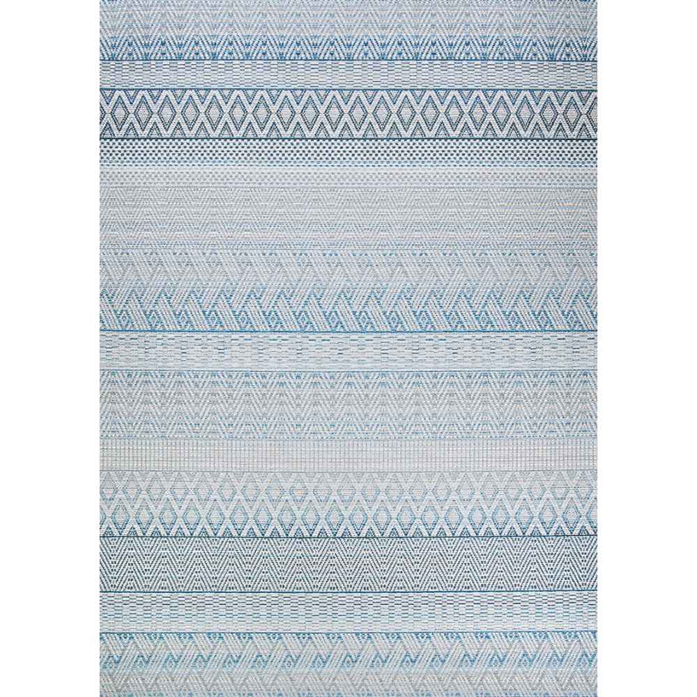 A full top-down shot of the Couristan Cape Indoor/Outdoor Rug - Gables/Surf reveals its symmetrical horizontal pattern bands in various weaves and shapes