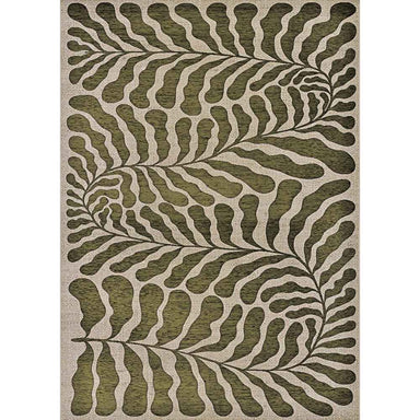 A full top-down shot of the Couristan Castille Indoor/Outdoor Rug - Fiore/Tea Leaf displays its large, bold, fern-like design in two-tone coloring