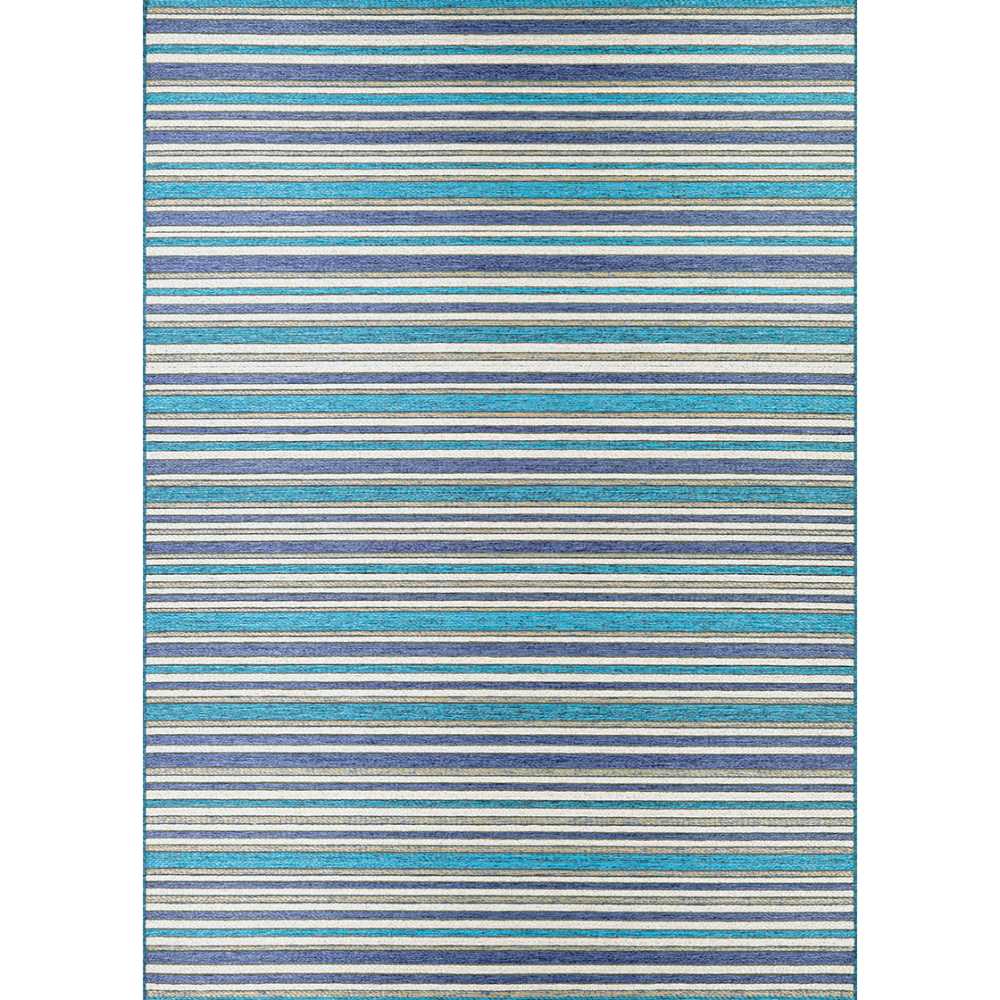 A full top-down view of the Couristan Cape Indoor/Outdoor Rug - Brockton/Cobalt-Teal clearly showcases its evenly spaced cobalt, teal, and ivory stripes