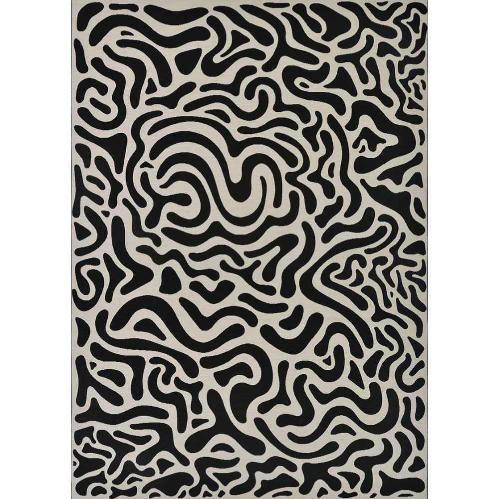 A full top-down view of the Couristan Castille Indoor/Outdoor Rug - Graffiti/Black-White displays its complete abstract pattern in black on a white surface