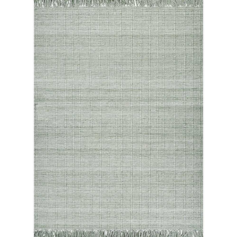 A full top-down view shows the Couristan Ascot Indoor/Outdoor Rug - Windowpane/Celedon with a soft green checkered pattern and fringe edges