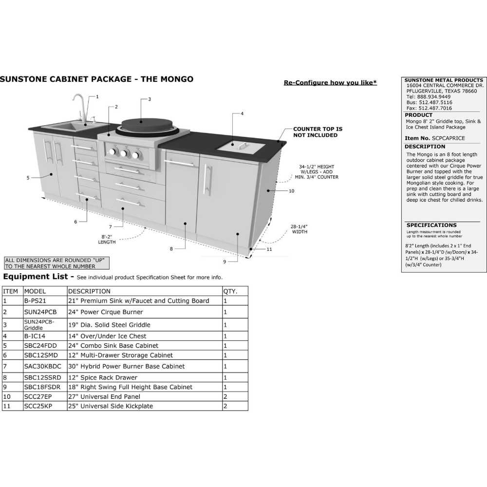 A labeled diagram showcases each component and dimension of the Sunstone Mongo 8ft Outdoor Grill & Cabinet Island Package in a black and white technical layout