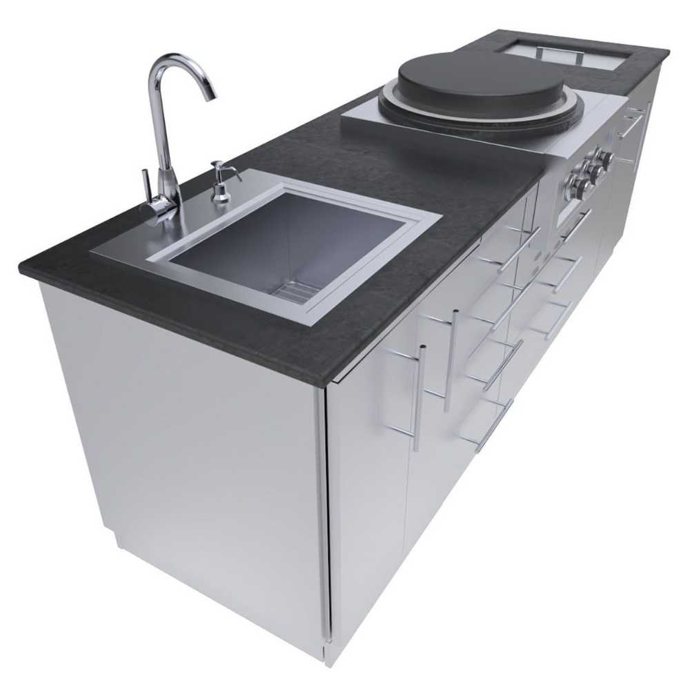 A modern stainless steel outdoor kitchen unit with a faucet and deep sink is shown, part of the Sunstone Mongo 8ft Outdoor Grill & Cabinet Island Package