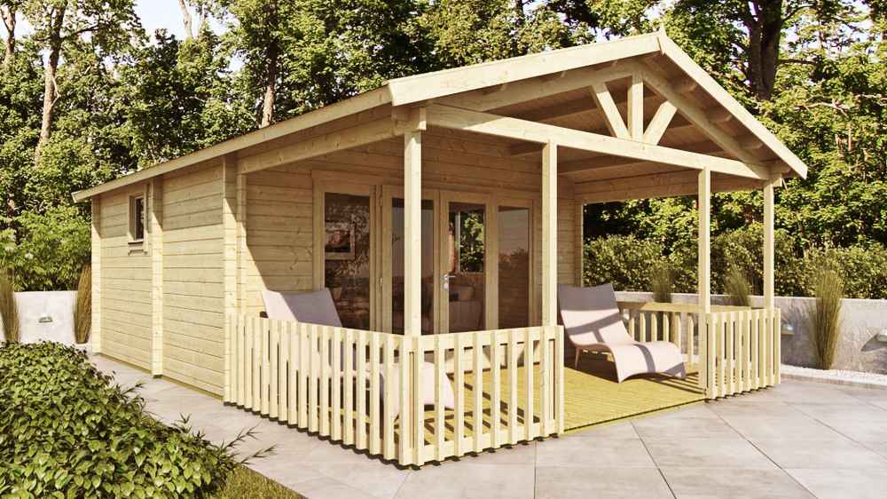 An angled perspective of the GardenHouse24 USA Nepean 44A Garden Room, placed in a landscaped backyard with lounge chairs on the porch and trees
