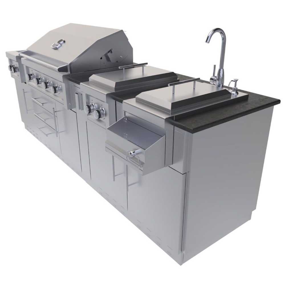 An angled rear view reveals the sink, dual side burners, and a pull-out trash drawer on the Sunstone Austin 9ft Outdoor Grill & Cabinet Island Package