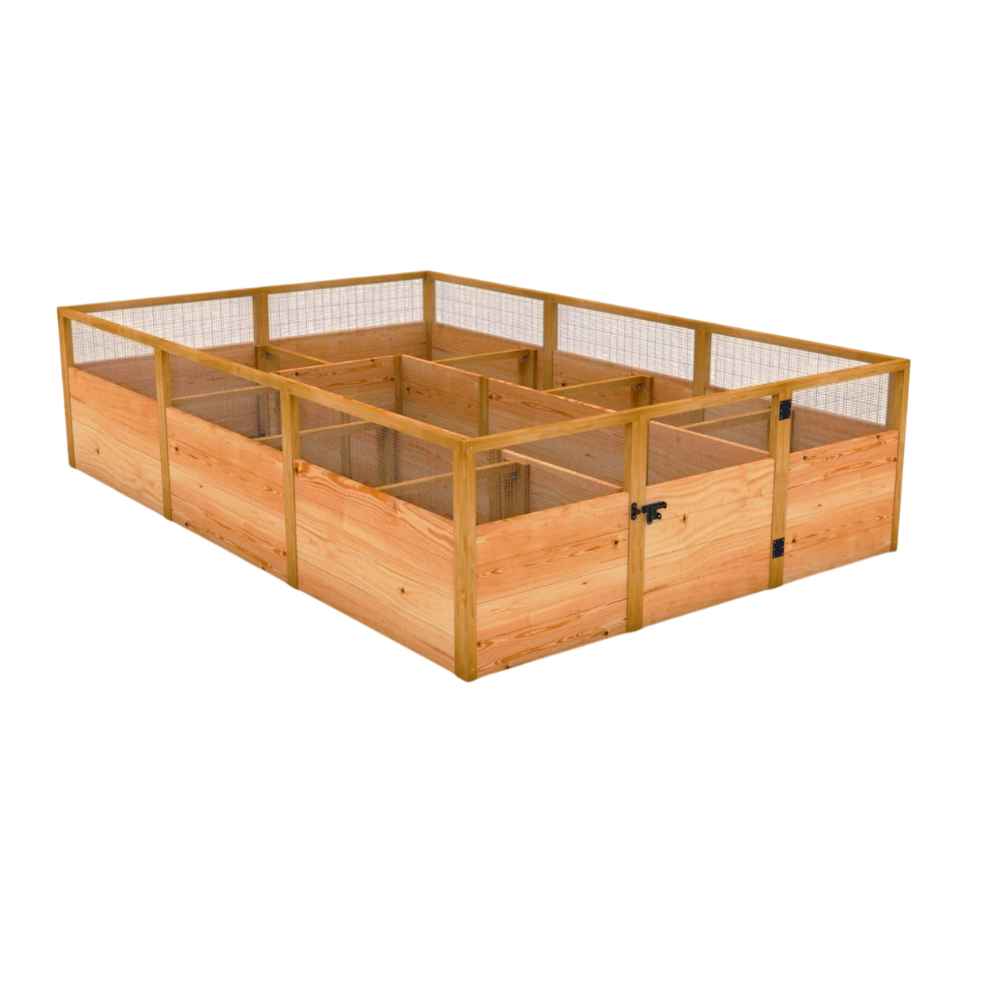 An empty Outdoor Living Today 8×16 Raised Garden Bed made of natural cedar wood is displayed with its open compartments and a small entry gate