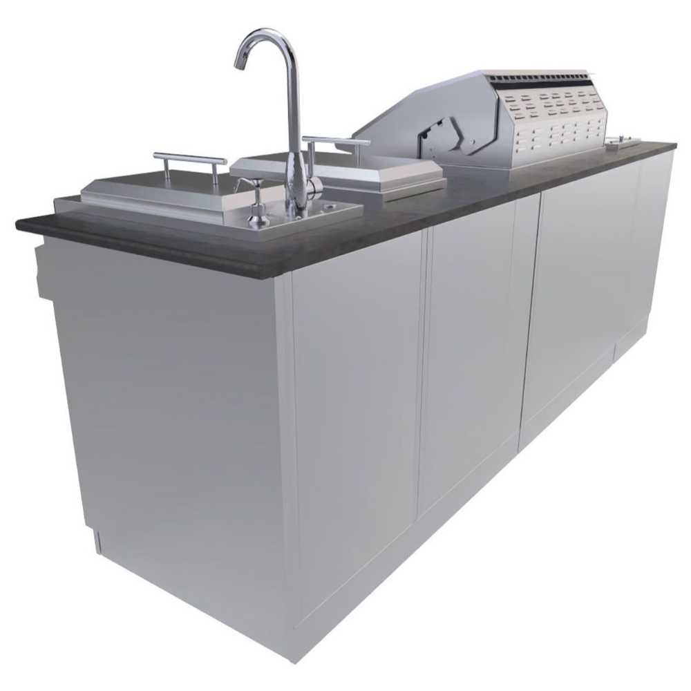 A rear view of the Sunstone Austin 9ft Outdoor Grill & Cabinet Island Package shows smooth cabinetry panels and the full sink setup with faucet