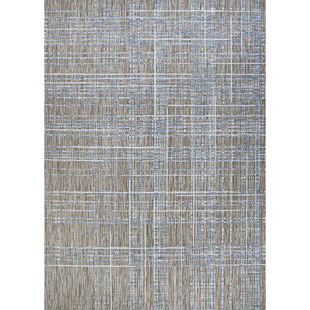 A rectangular Couristan Charm Indoor/Outdoor Rug - Ohe/Sand-Ivory is shown flat with a modern plaid-like design in sand, ivory, and cool tones